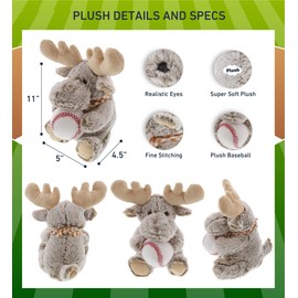 DolliBu Sitting Moose Stuffed Animal with Baseball Plush - Soft Huggable Moose, Adorable Playtime Moose Plush Toy, Cute Wild Life Sports Gift for Kids and Adults - 11 Inch