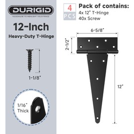 DURIGID 4 Pack 12 Inch Hinges Heavy Duty Gate Door Hinges for Wood, Vinyl and Metal Gates, T Strap Gate Hinges Used for Larger Gates, Barn Doors, and Heavy-Duty Chests or Cabinets