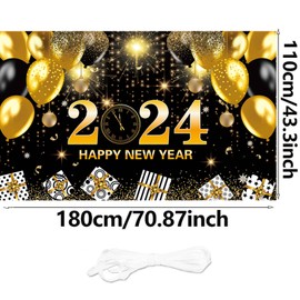 Happy New Year Decorations Backdrop, Black Gold New Years Eve Banner2024 for New Years Eve Party Supplies 2024 New Years Decorations 71x43 Inch