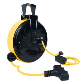EP 30 Ft Retractable Extension Cord Reel, 16/3 SJTW Power Cord with 3 Electrical Outlets, Ceiling or Wall Mount, 10 Amp Circuit Breaker, Metal Plate, UL Listed, Yellow