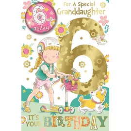 Granddaughter 6th Birthday Card and Badge 6 Today Girl on Scooter 9x6