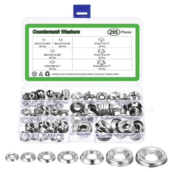 sourcing map 295 Pcs Countersunk Washers, #4#6#8#10#12#14#16 Stainless Steel Finishing