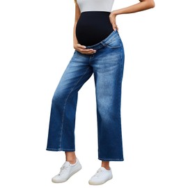 Ecavus Women's Maternity Jeans Over Belly Wide-Leg Comfy Stretch Denim Pants with Pockets, XS-XXL Dark Blue