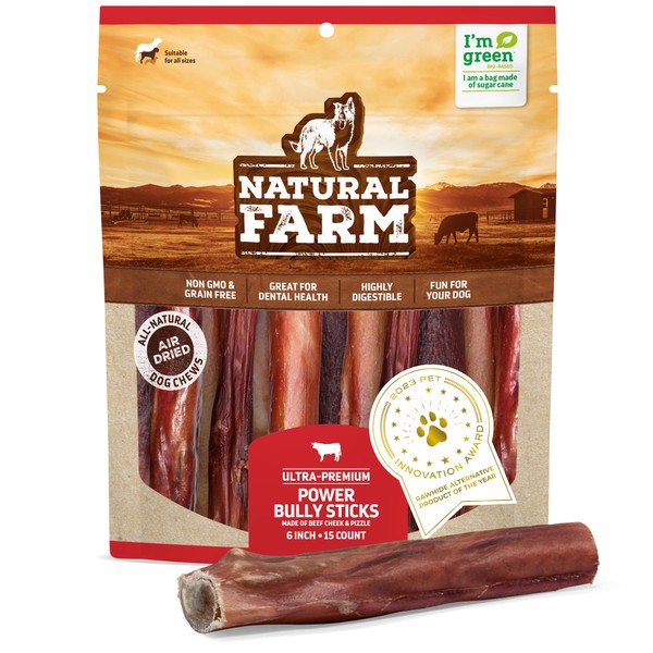 Natural Farm Power Bully Sticks Dog Chews (6”, 15-Pack), 2-in-1 Power Chews: Premium Beef Cheek Wrapped in Beef Pizzle, Long-Lasting, Great Dog Dental Treats for Small, Medium & Large Dogs