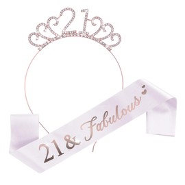 Quilax 21st Birthday Sash and Crystal Tiara Crown,21st Birthday Decorations for Her,Glitter Sash and Tiara for Girls Women gift (Rose Gold)
