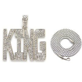 Fashion 21 Hip Hop Iced Out King Pendant 20", 24" Various Chain Necklace in Gold, Silver Tone (Silver / 24" Box Chain)