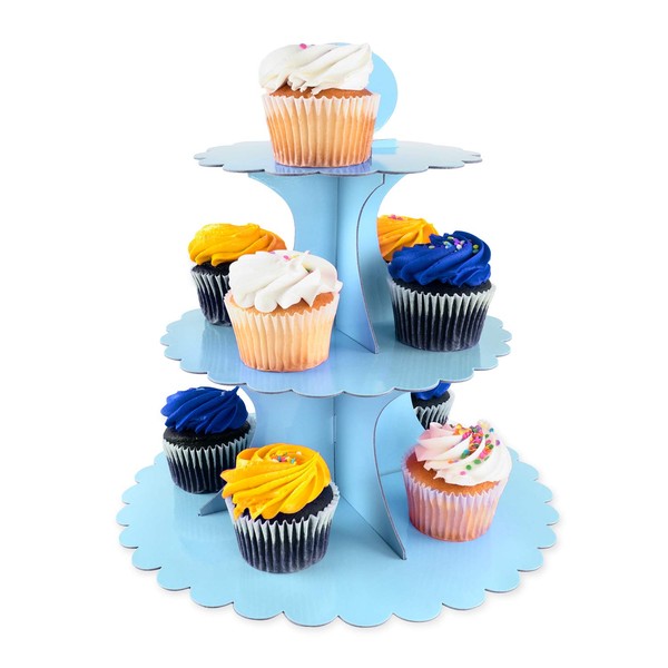 3 Tier Cupcake Cardboard Stand with Blank Canvas Design for Pastry Servings Platter, Birthdays, Dessert Tower Decorations (1 Stand) (Blue)