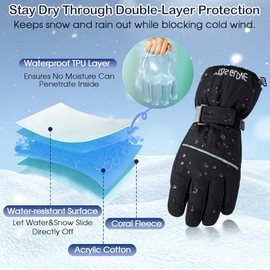 Guantes de invierno impermeables para niños, guantes de nieve, guantes de esquí para niños y niñas, resistentes al viento, color negro, talla L