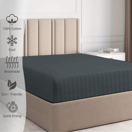 Pizuna Cotton Anthracite Grey Satin Stripe Fitted Bed Sheets Double, 300 Thread Count 100% Long Staple Cotton Fitted Sheet, Sateen 140 x 200cm Double Deep Fitted Sheet upto 40 cm (Gray Damask Bedding)
