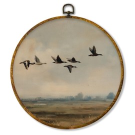 Hiuwevt Flying Duck Round Wall Art Decor, Vintage Farmhouse Waterfowl Framed Canvas Prints, Rustic Mallard Duck Round Wall Hanging Decor for Country Farm Home Room Decorations, 10x10 Inches
