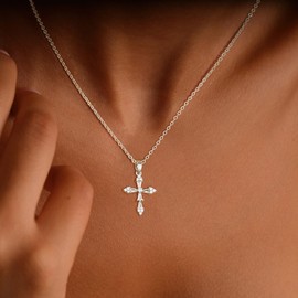 COSHILTA Silver Cross Necklaces for Women, Dainty Sterling Silver Plated Cross Necklaces Simple Long Chain Cubic Zirconia Pendant Jewelry Gift for Women Trendy