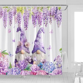UOZXOML Purple Floral Gnome Shower Curtain Watercolor Lavender Green Leaves Butterfly Rustic Wooden Board Farmhouse Spring Nature Plant Fabric Bathroom Decor Curtains with Hooks,70 x 70