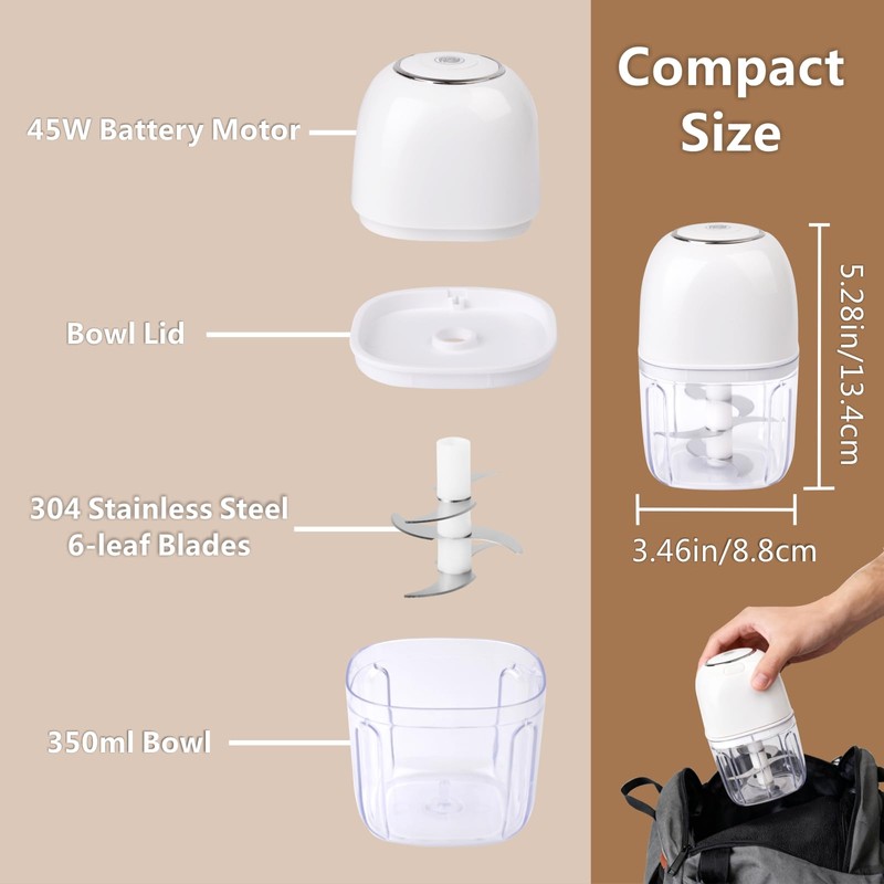 Wireless Mini Food Chopper, 350ml Cordless Food Processor w/ 6