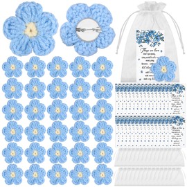 30 Sets Knitted Forget Me Not Brooch Badges with Memorial Poem Cards & Organza Bags Funeral Favour Keepsakes Gifts for Guests Celebration of Life Sympathy Remembrance Presents