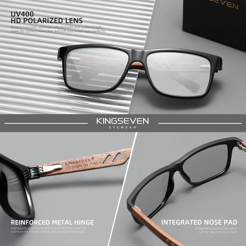 KINGSEVEN Design Wooden Polarised Rectangular Sunglasses for Men, Walnut Wood