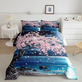 Feelyou Beautiful Scene Comforter Set Full Size Cherry Blossoms Comforter Japanese Style Bedding Set Sakura Flower Duvet Set Room Decor Dark Blue Quilt Set