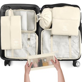 KPX 8 Set Packing Cubes for Travel, Luggage Packing Organizers Accessories Large Toiletries Bag for Clothes Shoes Cosmetics (Beige)