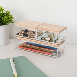 Martha Stewart Brody Plastic Storage Organizer Bins with Paulownia Wood Lids for Home Office,-Kitchen, or-Bathroom, 3 Pack, 2-Small/1-Medium, Clear/Light Natural
