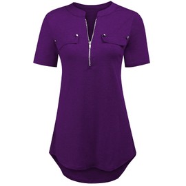 LuckyMore Womens V Neck 3/4 Long Sleeve Zipper Shirts Casual Swing Tunic Tops Blouse (XL, Purple-1)