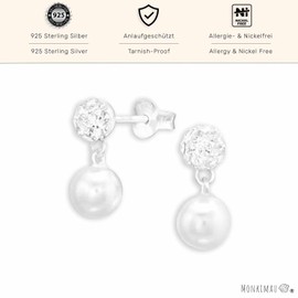 Monkimau Silver stud earrings with pearl and crystals made of 925 sterling silver, elegant jewellery for women, gift earrings, girls, children, Silver