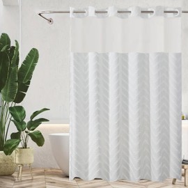 Planially No Hooks Boho Weave Shower Curtain with Snap in Liner,72W*74L Hotel Style with See Through Top Window, Fabric Outer Curtain & Waterproof Inner Liner,Ripple