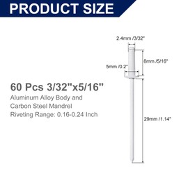 uxcell 60Pcs 3/32" x5/16 Aluminum Blind Rivets, Aluminum Grip and Steel Mandrel, Dome Head Long Split Rivets for Metal, Furniture, Automotive, White