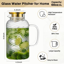 Buaic 2 PACK Glass Pitcher with Lid, 68 oz/ 2 Liter Spiral Pattern Water Pitcher,Glass Water Carafe for Cold Brew, Coffee, Lemonade, Iced Sun Tea,Beverage, Milk, Heat Resistant