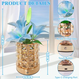 Lily Flower Lamps, Rechargeable Cordless Small Desk Lamp, 3 Colors Dimmable Artificial Flowers Night Light, Fake Bouquet 3 Lilies with Crystal Vase for Home Date Party Decoration (Blue - Lily)
