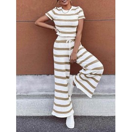 Imily Bela Womens 2 Piece Striped Knit Sets Summer Short Sleeve Crop Top Wide Leg Pants Lounge Set Beach Outfits