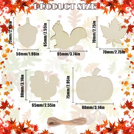 Thanksgiving Unfinished Wooden Ornaments Fall Maple Leaf Pumpkin Cutout Squirrel Acorn Turkey Blank Wooden Ornament Craft for Autumn Thanksgiving Party Home Decorations 15 Pcs