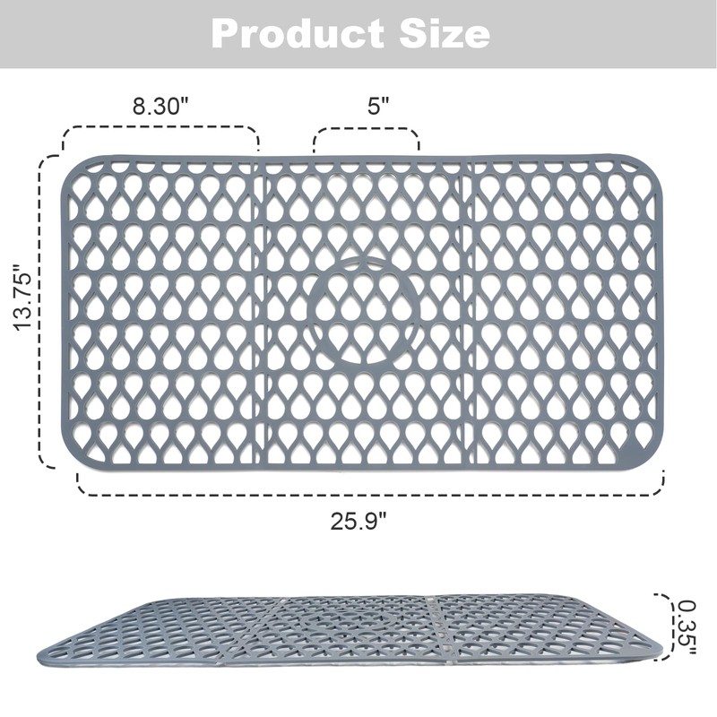 Jinqipura Silicone Draining Sink Mat, Kitchen Sink Protect, 26x14" Gray