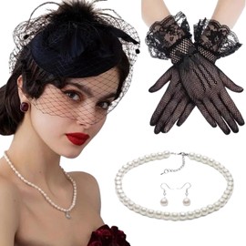 4 Pieces 50s Fascinators Hat for Women,Wedding Veil Hat Cocktail Tea Party Hat and Lace Glove Pearl Necklace Earrings,Bowknot 20s Headwear Feathers Mesh Headband Black