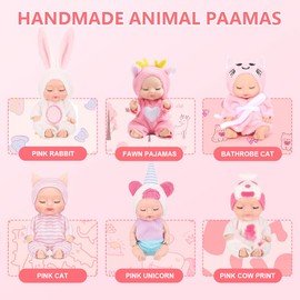Hojalis Mini Reborn Dolls, 6 Pcs Sleeping Rebirth Dolls with Animal Clothes, Miniature Reborn Doll Toys, Lifelike Newborn Baby Doll, Realistic Mini Baby Dolls for Kids Toddler Girls Boys Gift (Pink)