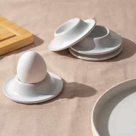 MIAMIO – Egg Cups 4-Piece Ceramic Set, Stoneware Egg Cups with Tray for Eggshells Restaurant Quality – Dishwasher Safe (White)