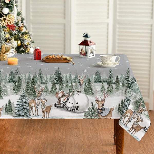 Horaldaily Christmas Tablecloth 60×120 Inch Rectangular, Deers Snowman Trees Grey