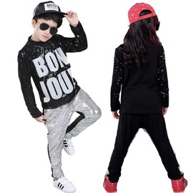 LOLANTA Kids Dance Costume Boys Girls Sequins Hip Hop Clothes 80s 90s Outfits Shiny Dress Up Dancewear(Silver,10-12)