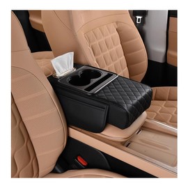 HZEL Car Center Console Cover, Leather Vehicle Armrest Cushion with Storage Bags, Cup Holder ＆ Tissue Box, Waterproof Auto Interior Arm Rest Seat Box Pad, Universal Fit (Black)