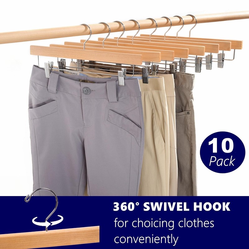 Amber Home 10 Pack Natural Wooden Pants Hangers with Clips,