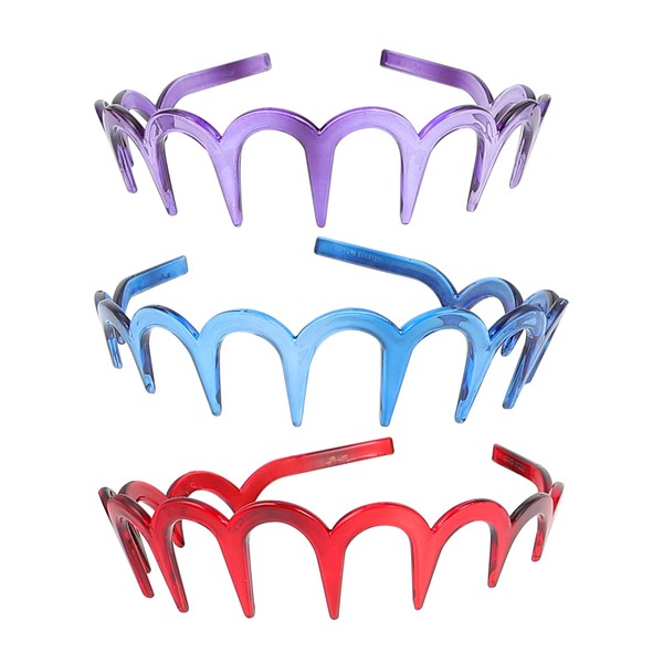 Minkissy Pack of 3 Zig Zag Shark Tooth Headbands, U Zag Headbands, Women's Hair Accessories, Wave Shape Hair Band for Women, Girls, Red, Purple, Blue