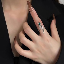 TseenYi Gothic Snake Wrap Ring Silver Half Open Snake Ring Animal Rings Serpentine Ankle Ring Adjustable Snake Emerald Crystal Ring Vintage Finger Rings for Women and Girls Gifts