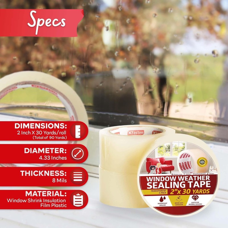 XFasten Transparent Window Weather Stripping Tape 2”x30yds (3-Pack Total 90yds),