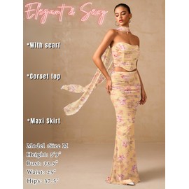 ChiaoLezhee Mesh Floor Length Skirt Set Corset Tube Top Scarf Semi Formal Wedding Guest Strapless Bodycon Ruched Long Dress Maxi Sets for Women 2 Piece Two Evening Prom Cocktail Floral Flower Medium
