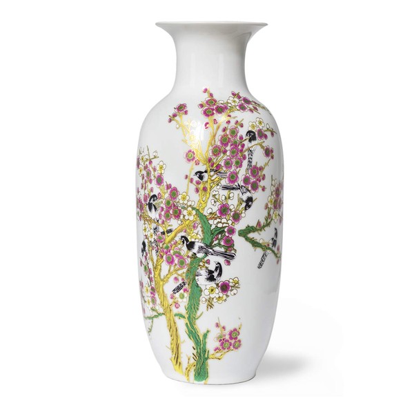Dahlia Bird on Peach Blossom Famille Rose Porcelain Tall Flower Vase, 15 Inches, Rouleau Vase