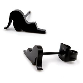 Steelmeup Stainless Steel Black Cat Stretching Post Stud Earrings