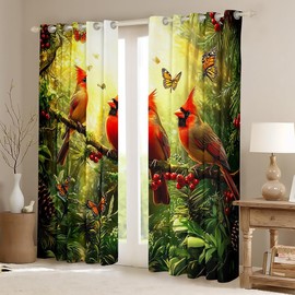 Cardinal Bird Curtains Red Cardinals Pattern 42"Wx63"L 2 Panels Curtains & Drapes,Tree Branches Blackout Curtains for Kids Boys Bedroom Decor,Birds Woodland Animals Window Treatments,Green