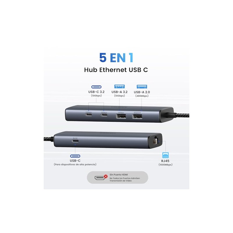 UGREEN Adaptador USB C a Ethernet 1000Mbps, 5 en 1