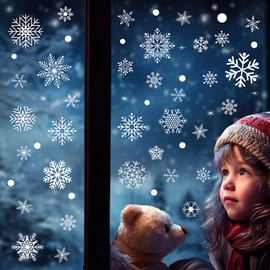 jiaguan Christmas Window Stickers - 9 Sheets Reusable Static Window Clings, Double PVC White Snowflake & Santa Xmas Stickers for Christmas Home, Door & Window Decorations(202Pcs)
