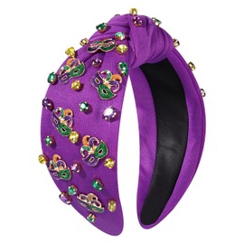 NVENF Mardi Gras Headband Carnival Accessories for Women Crown Mask Headbands Green Purple Gold Rhinestone Pearl Jeweled Knotted Headband Fat Tuesday Parade Party Favors Gifts (Mask C - Purple)