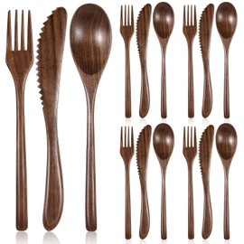 Geiserailie 12 Pcs Wooden Utensils for Eating Wooden Spoon Fork Knife Cutlery Set Kitchen Wood Dinner Flatware Tableware Set Includes Spoon, Fork, Knife (Black Walnut)