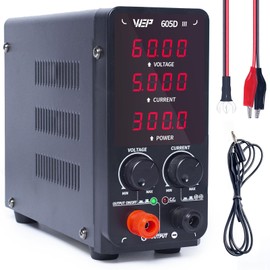 WEP 605D-III DC Variable Power Supply 60.00V 5.000A High Precision Bench Lab Power Supply with Alligator Clips for anodizing kit, Electroplating, arduino, breadboard